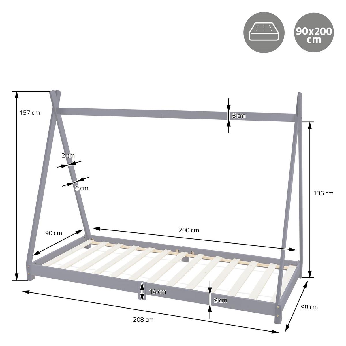 KINDERBETT Tipi mit Matratze 90x200 cm Hellgrau - Hellgrau, Holz (90/200cm) - ML-DESIGN