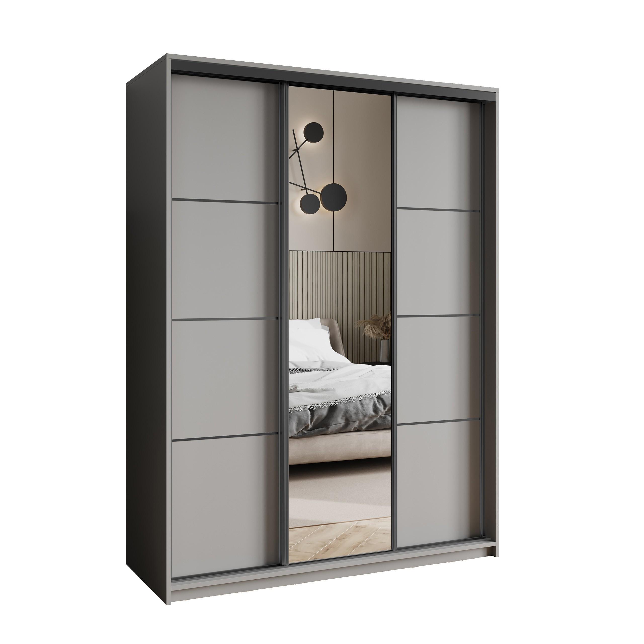 SCHWEBETÜRENSCHRANK VARO 150/205/60 cm 3-türig mit Spiegel Graphitfarben - Graphitfarben, Holzwerkstoff (150/205/60cm) - MASSENO