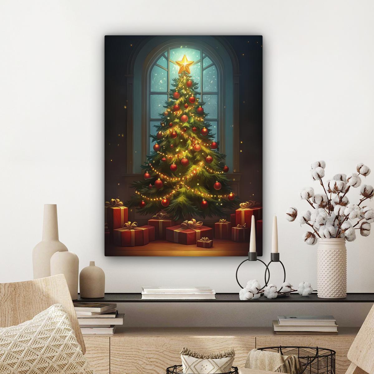 LEINWANDBILD Weihnachtsbaum - Geschenk - Winter Wandbild Wohnzimmer 60x80 cm - Grün, Textil (60/80cm) - MuchoWow