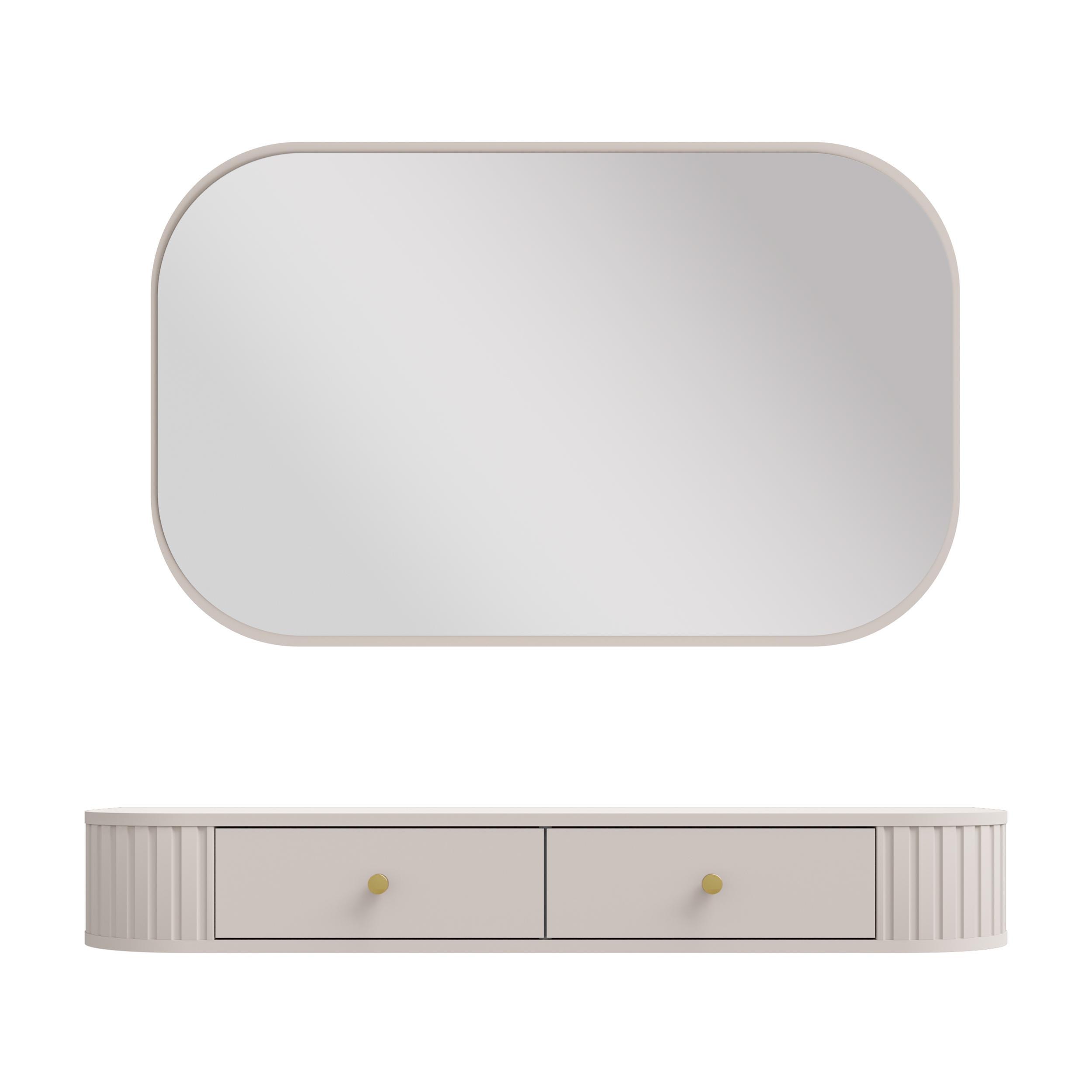KONSOLENTISCH Halay Beige 2 Schubladen mit runden Kanten + Rechteckiger Spiegel - Beige/Goldfarben, Holzwerkstoff/Metall (36/123/17.5cm) - AX Living