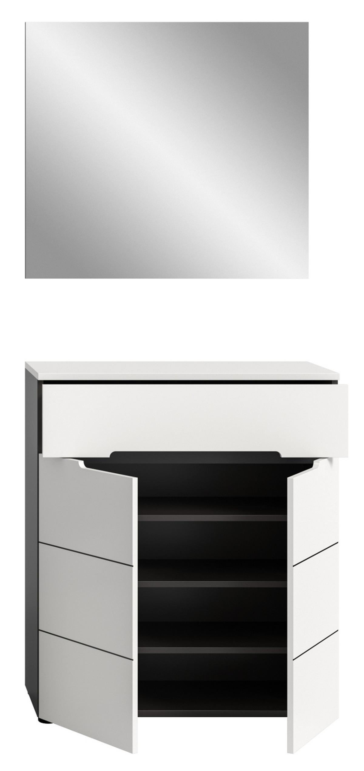 GARDEROBEN-SET 2-teilig weiß, grau, Schuhkommode und Spiegel mit Soft-Close, Cooper - Schwarz/Weiß, Glas/Holzwerkstoff (80/190/37cm) - Inn.Furn