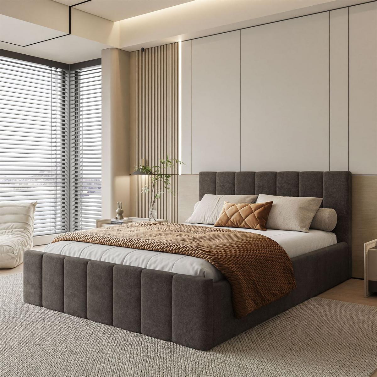 POLSTERBETT ELISE 90x200 cm Boston Brown, Kopfteil 95 cm, 17 Holzlatten - Braun, Textil (90/200cm) - Lookway