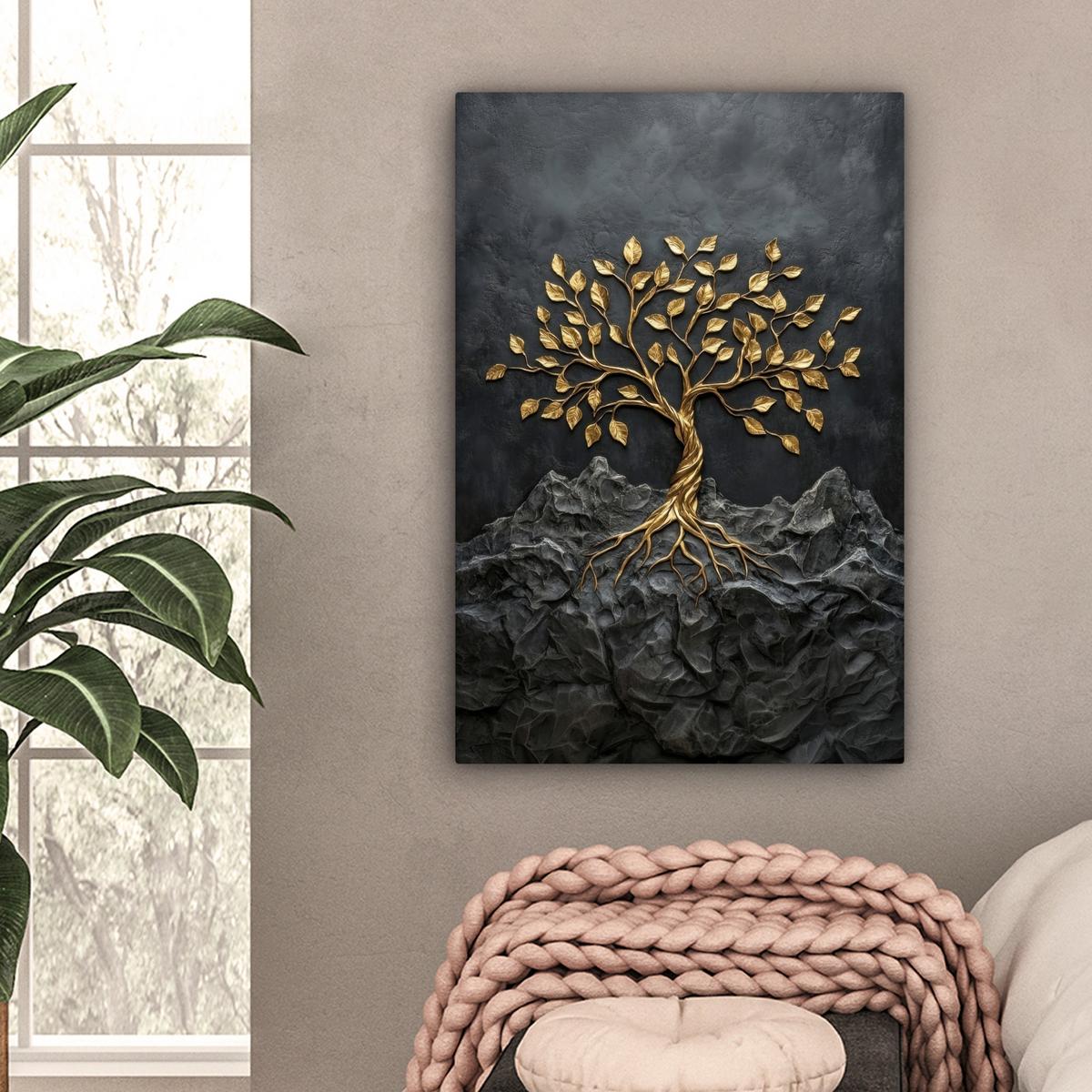 LEINWANDBILD Blätter - Gold - Baum - Fels Wanddeko Schlafzimmer 60x90 cm - Schwarz, Textil (60/90cm) - MuchoWow