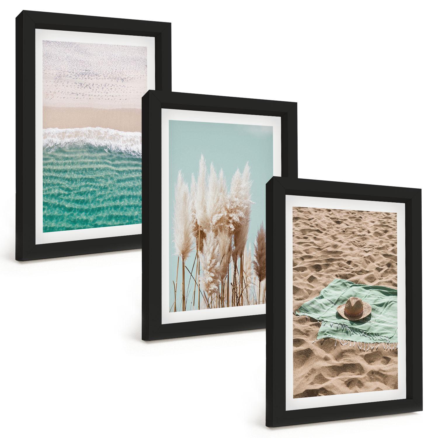 BILDER SET 3er Set - 20x30 cm Schwarzer Rahmen - Strandwellen Grashut - Schwarz, Kunststoff (20/30cm) - TULUP