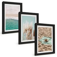 BILDER SET 3er Set - 20x30 cm Schwarzer Rahmen - Strandwellen Grashut - Schwarz, Kunststoff (20/30cm) - TULUP