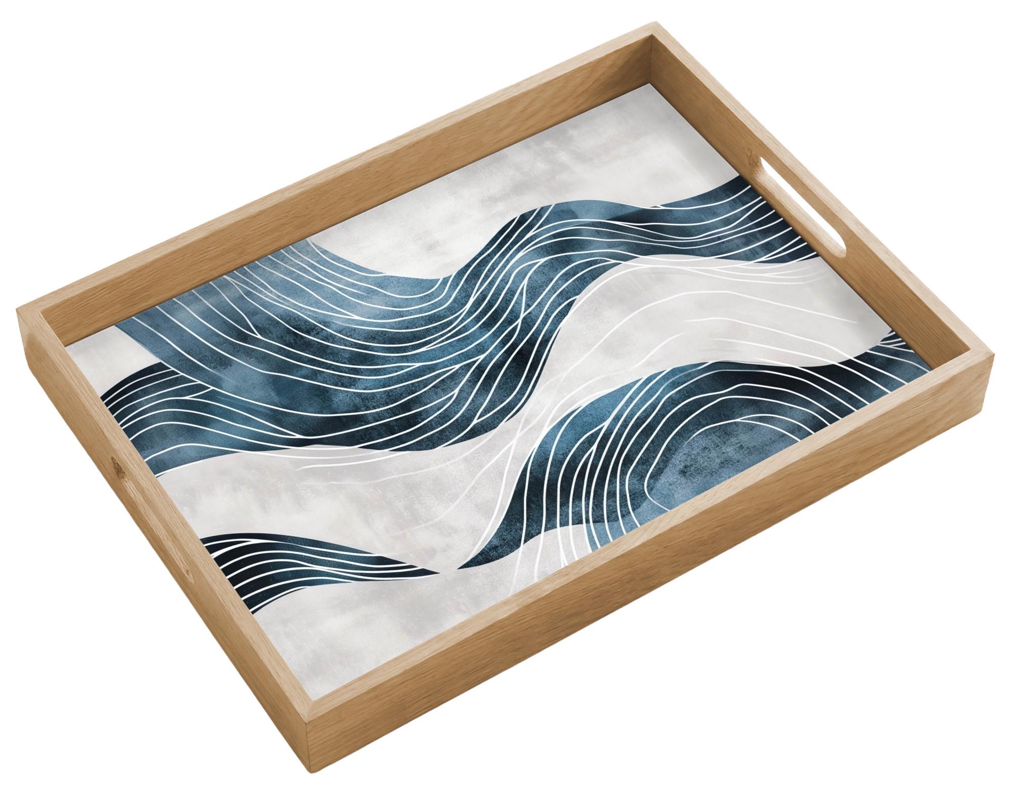 TABLETT Linien - Wellen - Abstrakt - Grau 50x35 cm - Blau, Holz (50/5/5cm) - OnlyWow