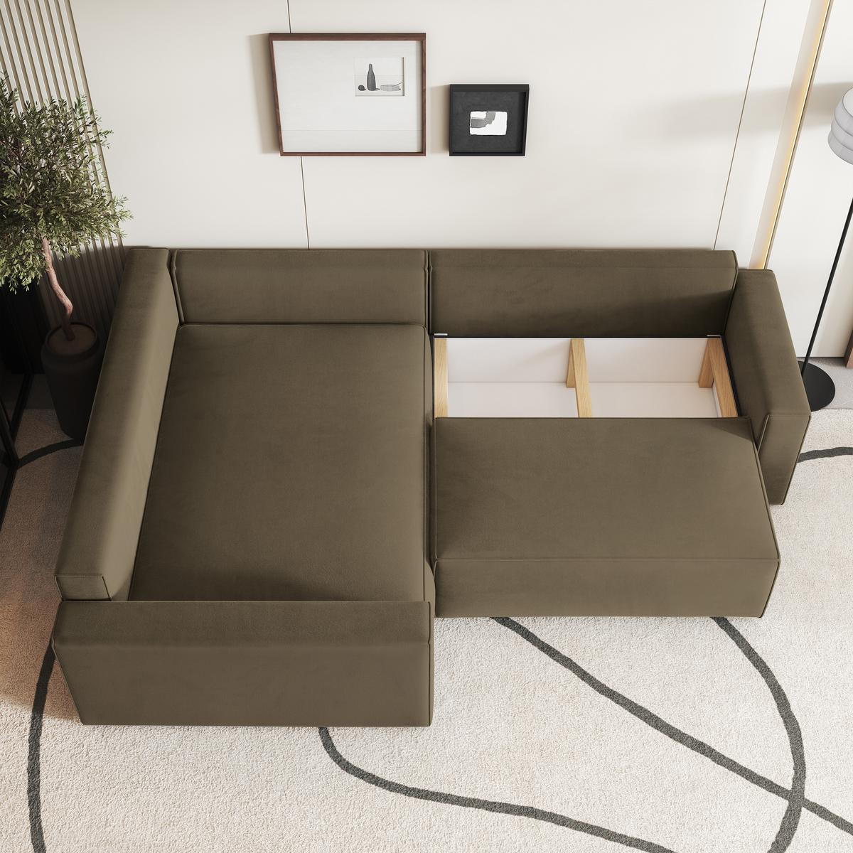 ECKSOFA ERONIS L-S Beige Velours-Stoff mit Schlaffunktion - Beige, Holz (265/194cm) - MASSENO