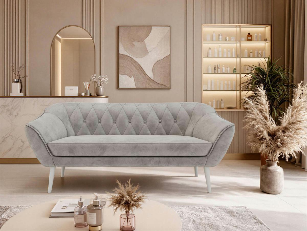 3-SITZER-SOFA PIRS - Hellgrau Velvet - Weiße Beine - Hellgrau/Weiß, Holzwerkstoff/Textil (180/75/74cm) - MKS