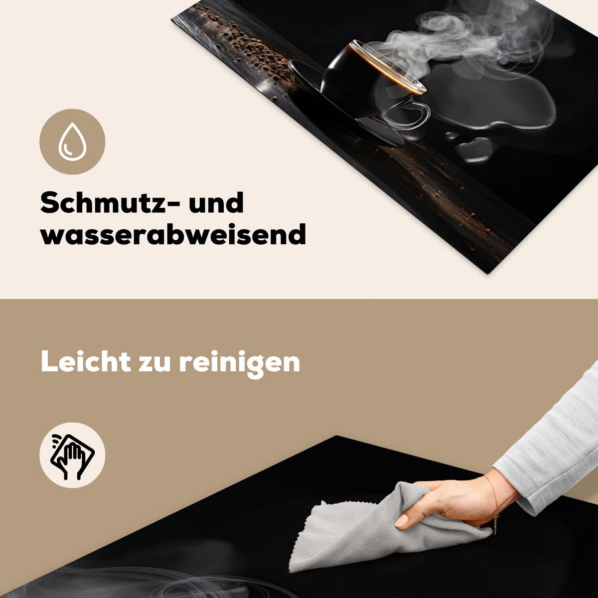 HERDABDECKPLATTE Kaffee - Schwarz - Bohnen - Heiß - Tasse Induktionsmatte 83x51 cm - Schwarz, Kunststoff (83/51.5/0.2cm) - MuchoWow