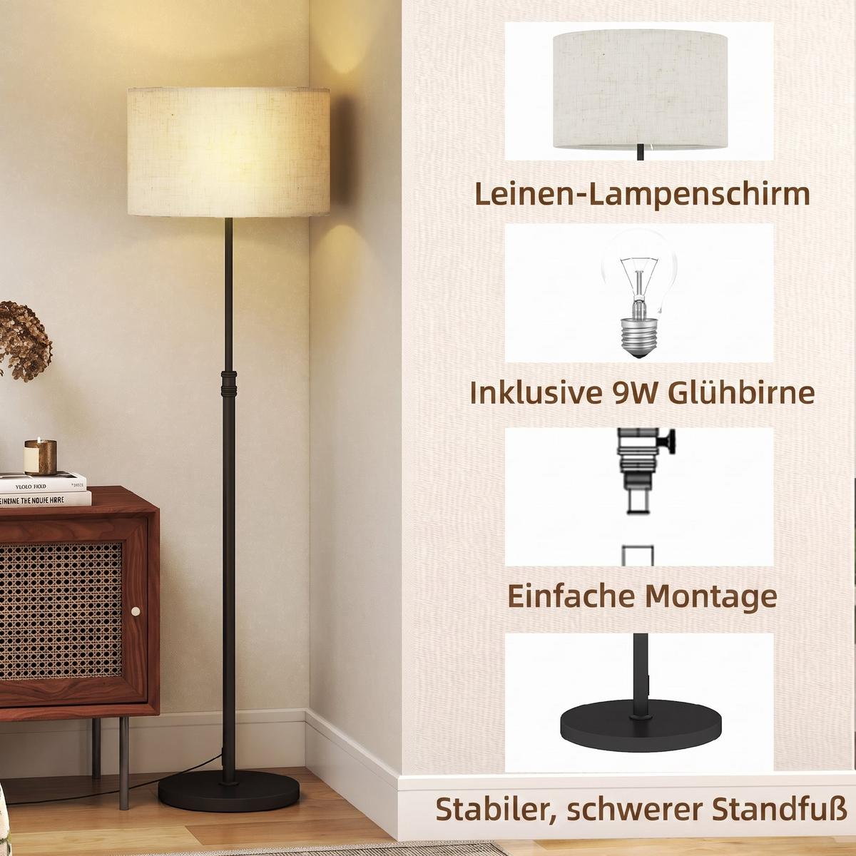 STEHLEUCHTE Stahl Leinenstoff Schwarz - Schwarz, Metall (40/40/168cm) - HOMCOM