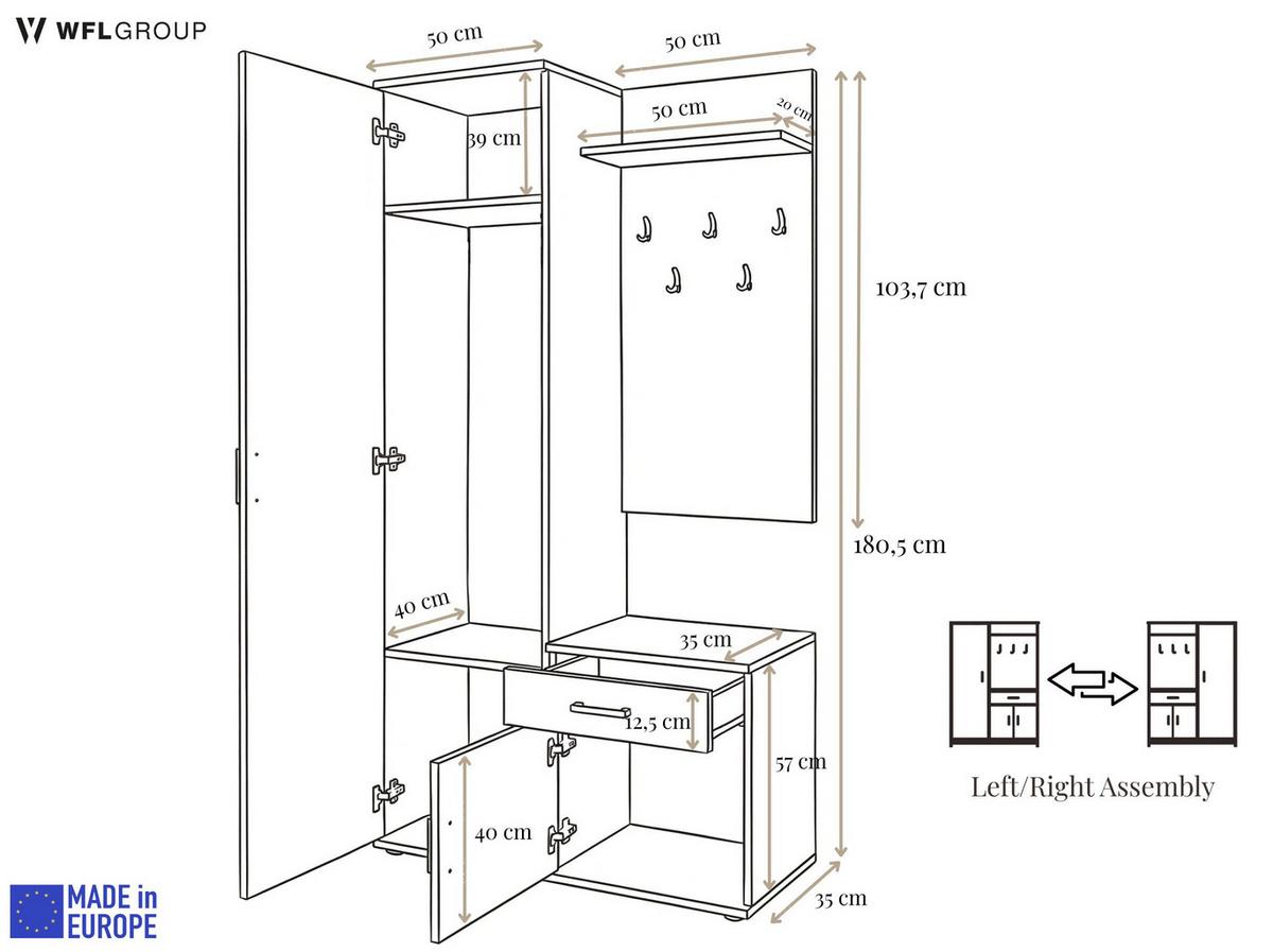 GARDEROBE Talia mit Spiegel, universell montierbar, 100/180/35 cm Eiche Artisan - Eiche Artisan, Holzwerkstoff (100/180.5/35cm) - WFL GROUP