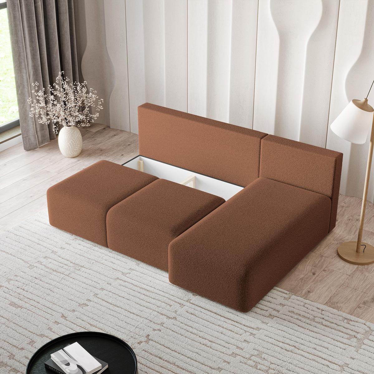ECKSOFA TRAMA Kupferfarben Boucle-Stoff mit Schlaffunktion - Kupferfarben, Holz (200/143cm) - MASSENO