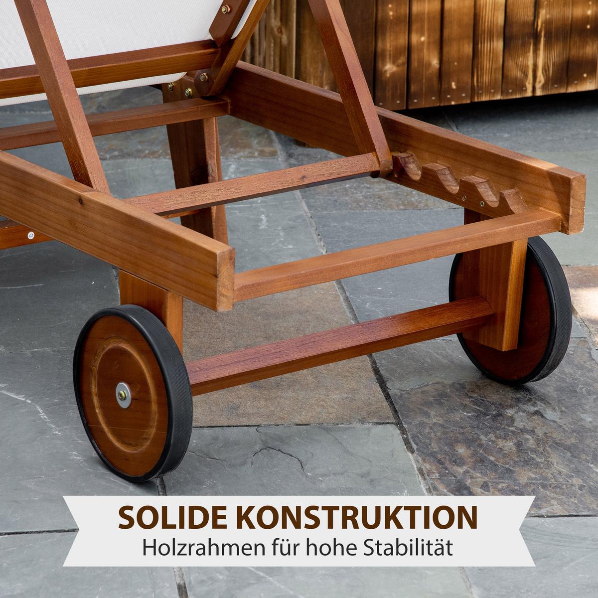 SONNENLIEGE Relaxliege Gartenliege verstellbar Holz Textil Natur+Weiß - Weiß, Holz (55/88.5/198cm) - Outsunny