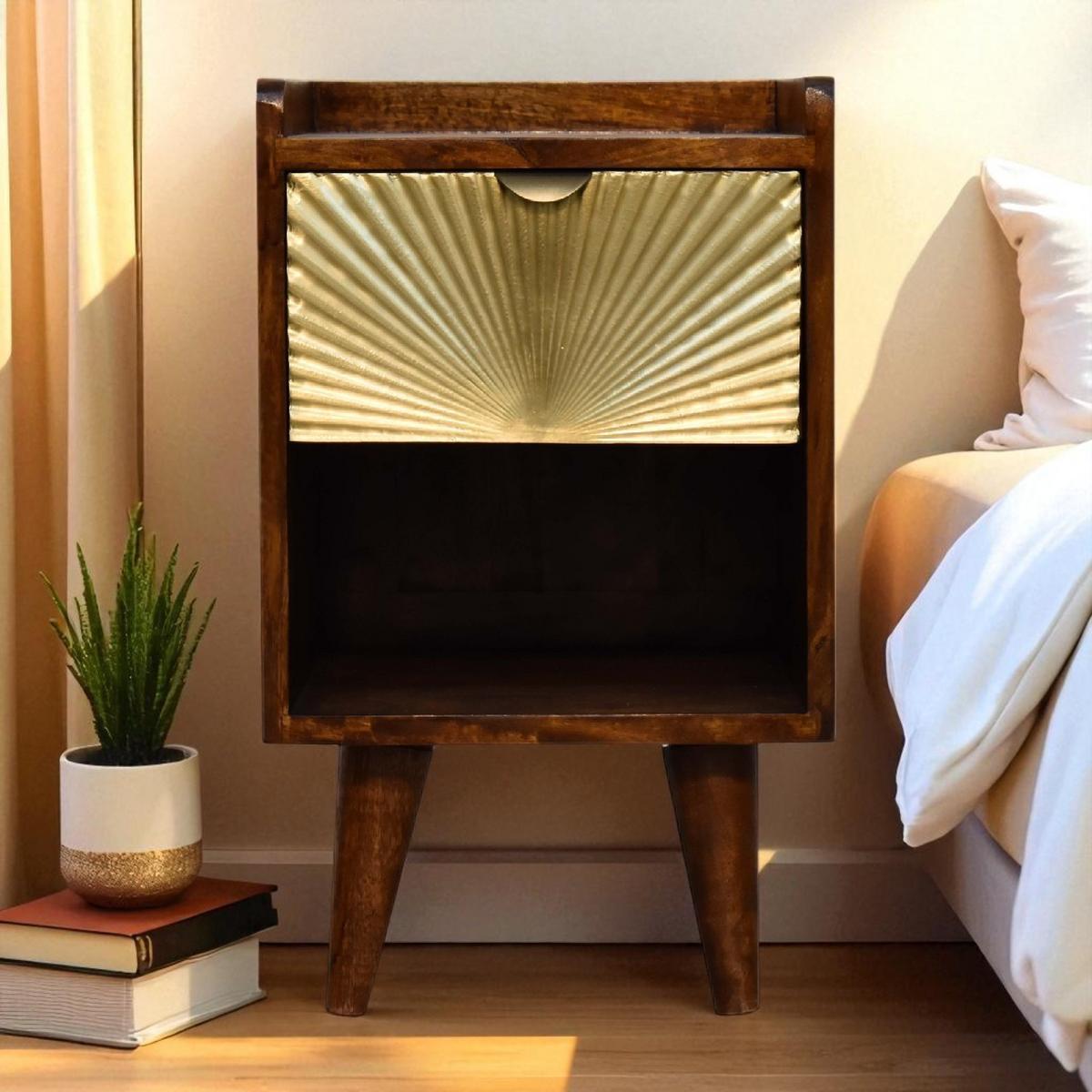 NACHTTISCH Mini Manila Gold mit 1 Schublade, 1 offenes Fach, Braun - Kastanienfarben/Messingfarben, Holz/Metall (30/50/30cm) - Artisan Furniture