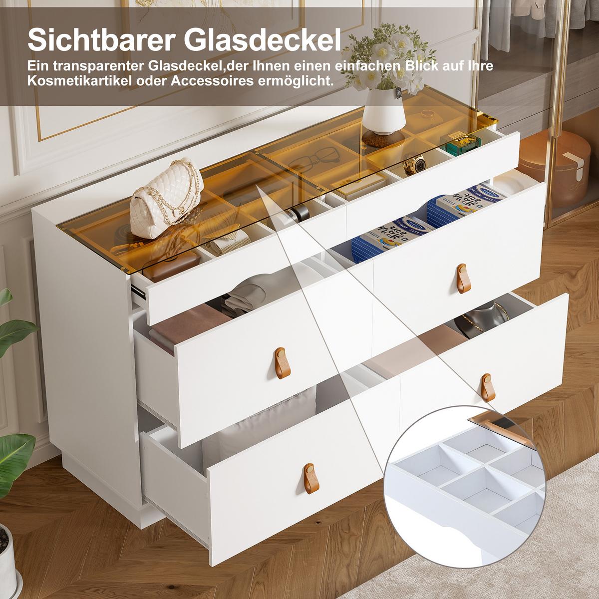 SIDEBOARD weiß mit glasplatte 120 cm, 6 schubladen & schmuckfach - Weiß, Holzwerkstoff (120/78/40cm) - Urban Meuble