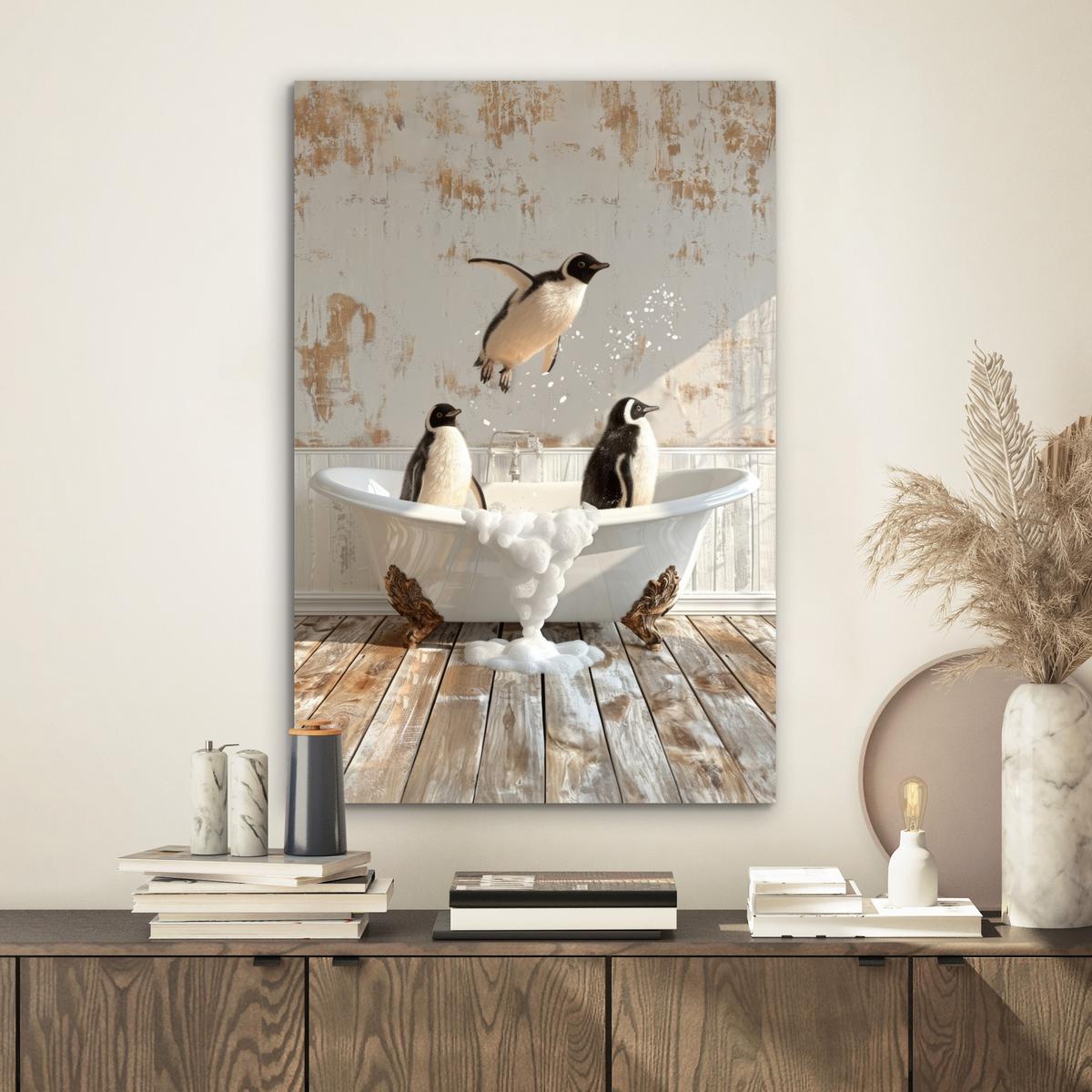 METALLBILD Vintage - Pinguin - Badewanne - Schaumstoff Deko Schlafzimmer 40x60 cm - Schwarz, Metall (40/60cm) - MuchoWow