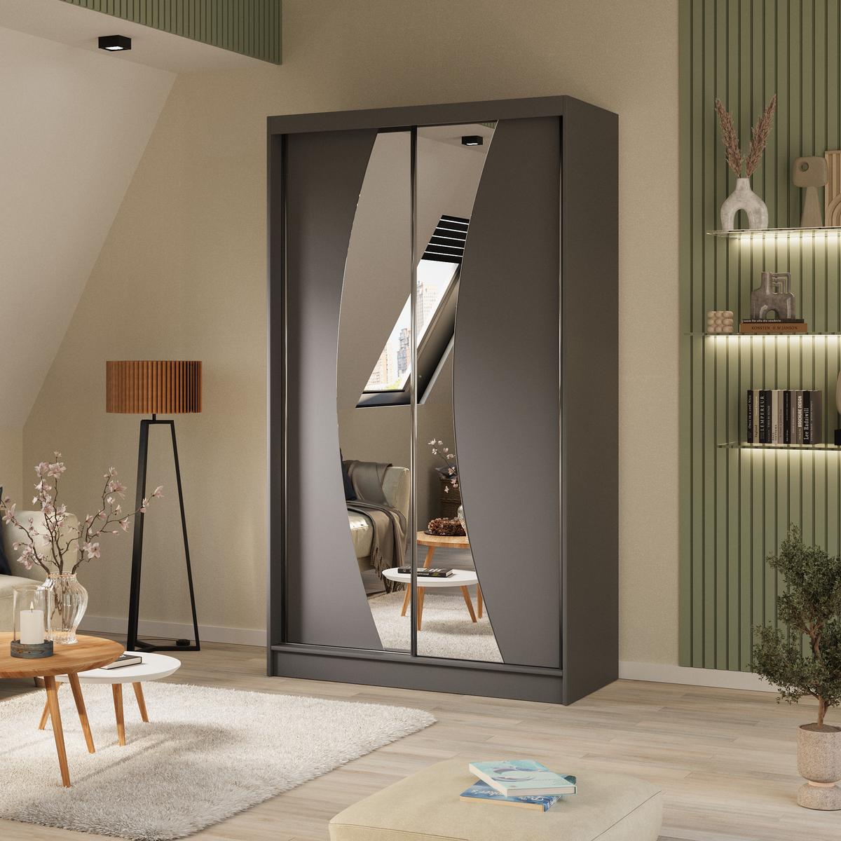 SCHWEBETÜRENSCHRANK Vox II 120/216/61 graphit mit Spiegel und Schubladen - Graphitfarben, Holzwerkstoff (120/216/61cm) - Beautysofa