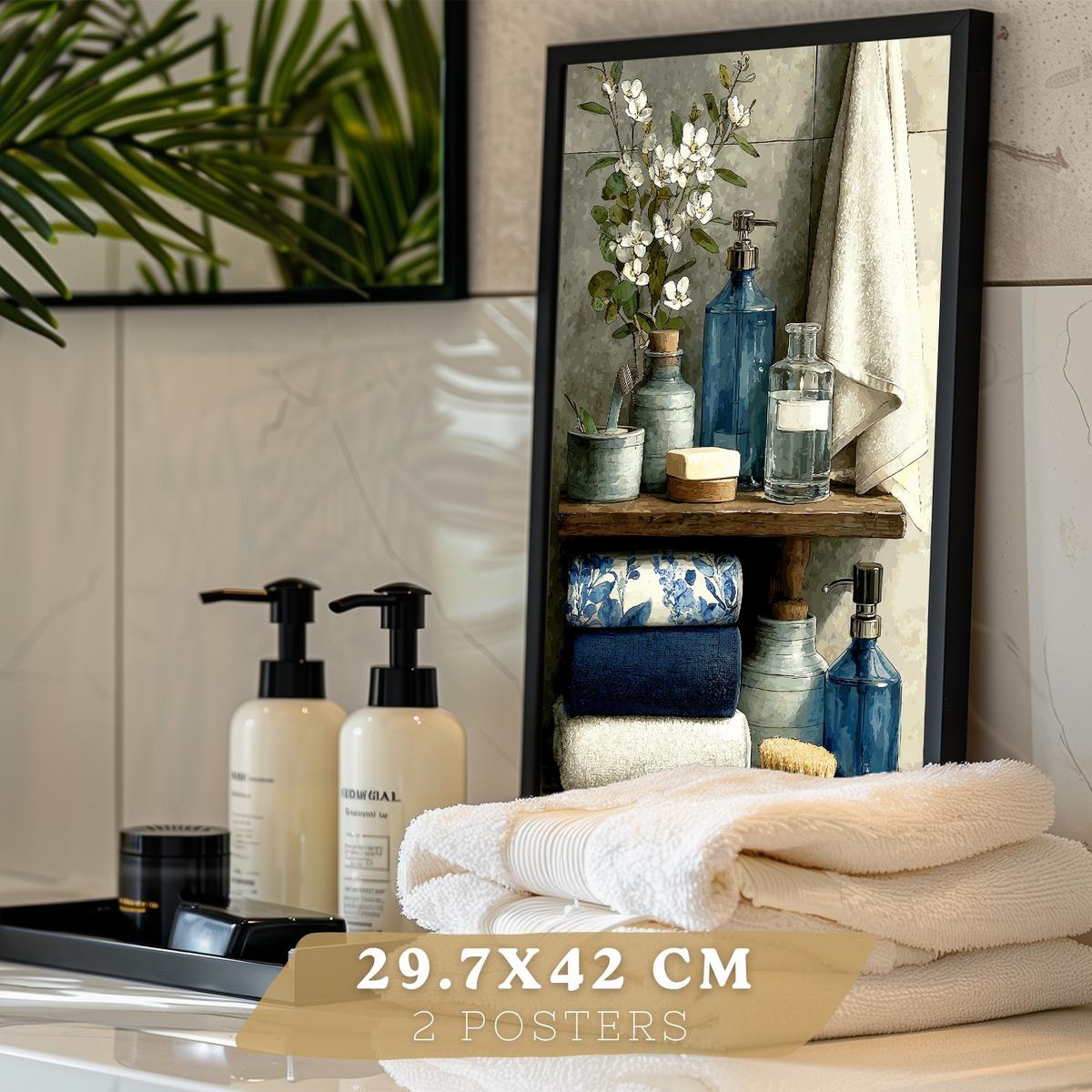 POSTER 2er-Set dekorative Badezimmer-Poster, moderne Wandbilder für Waschbecken, elegante Dekoration mit blauer Badewanne Schwarzer Rahmen A3 - Schwarz, Papier (42/29.7/3cm) - Nacnic