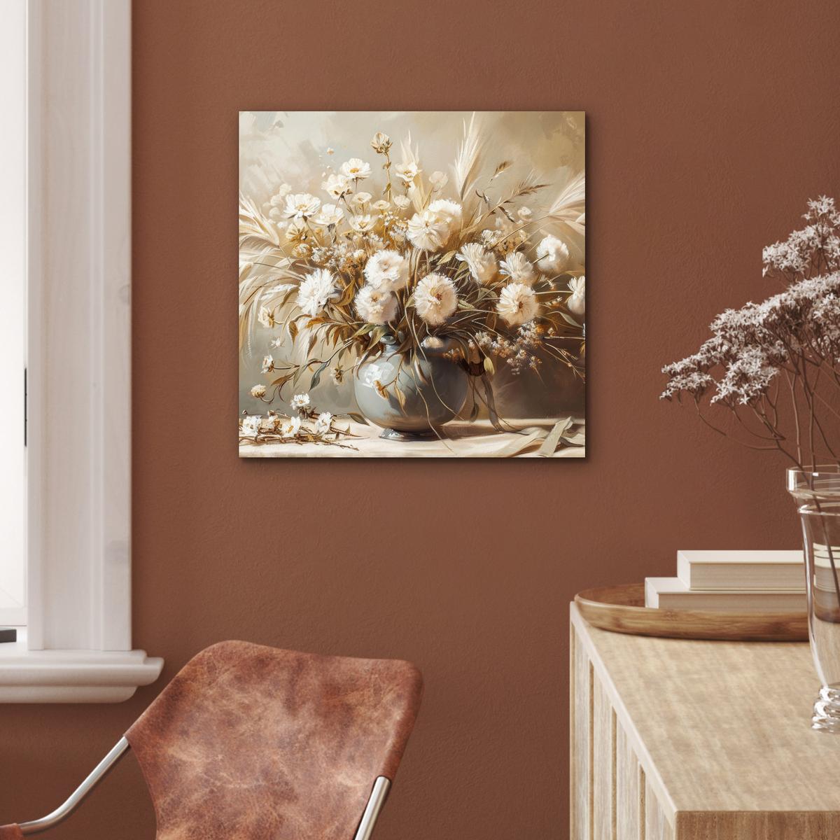METALLBILD Blumen - Vase - Stilleben - Beige 50x50 cm - Creme, Metall (50/50cm) - MuchoWow