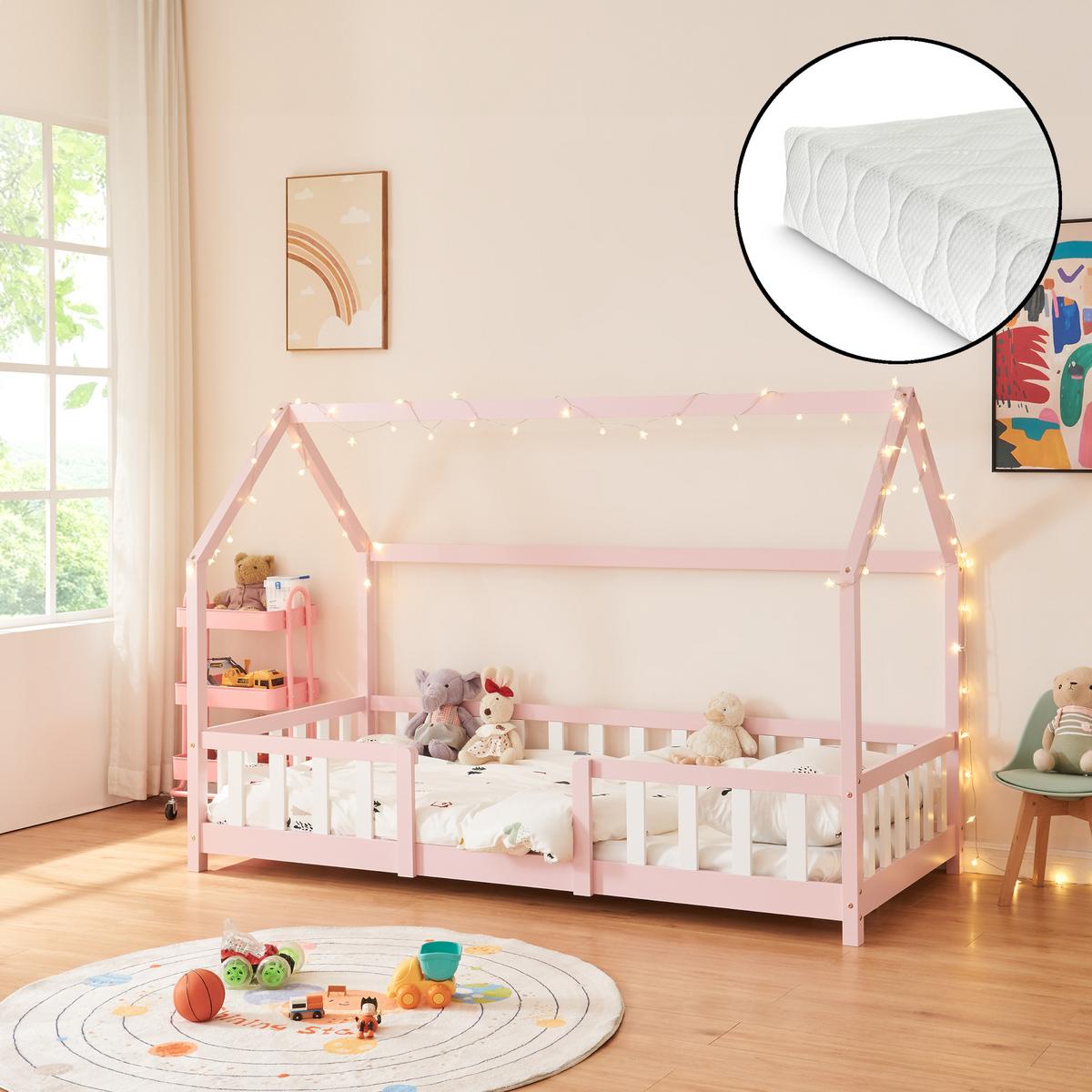 HAUSBETT Sisimiut mit Matratze - Pink/Weiß, Holz/Textil (90/200cm) - [en.casa]