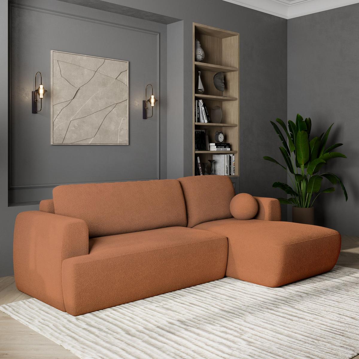 ECKSOFA SENTI N R-S Orange Boucle-Stoff mit Schlaffunktion - Schwarz/Orange, Holz/Kunststoff (246/148cm) - MASSENO