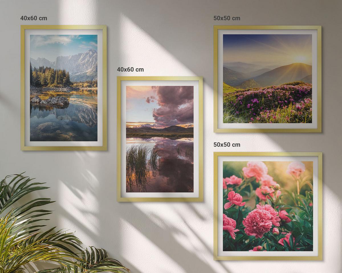 BILDER SET 4er Set - 50x50 cm & 40x60 cm Goldrahmen - Blumengarten, Bergwiese, Wasser - Goldfarben, Kunststoff (50/50cm) - TULUP