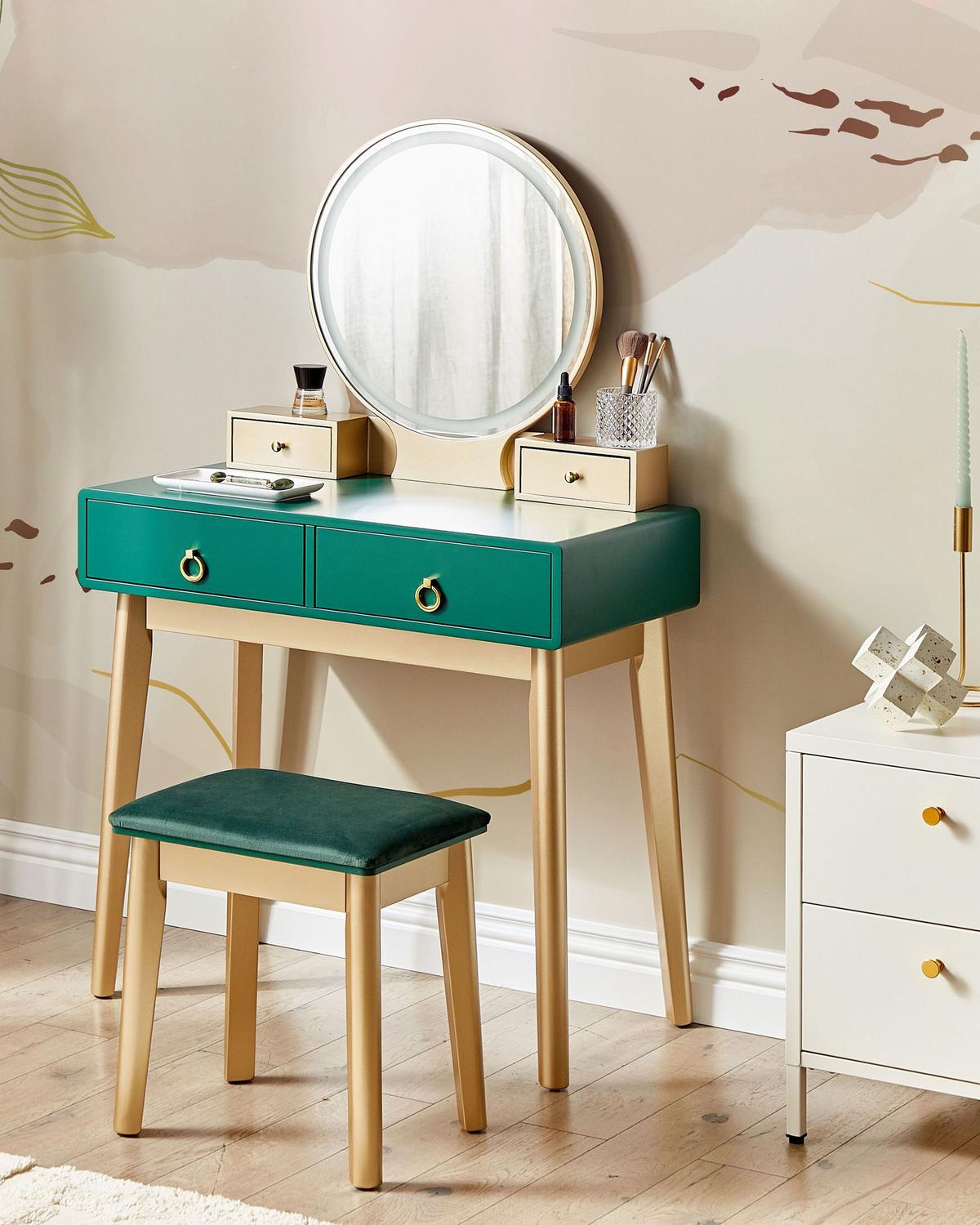 SCHMINKTISCH mit rundem LED-Spiegel Hocker 4 Schubladen grün/gold Fedry - Goldfarben/Grün, Holzwerkstoff (80/134/40cm) - Beliani
