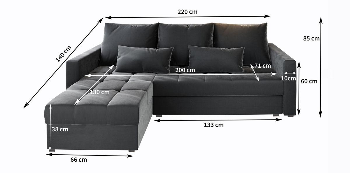 ECKSOFA KOS PIK Schwarz Plüsch-Stoff mit Schlaffunktion - Schwarz/Grau, Holz/Kunststoff (220/140cm) - MASSENO