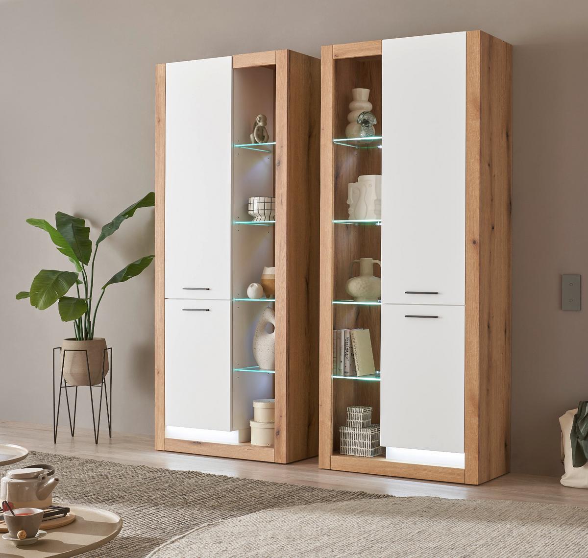 VITRINEN-SET 2-teilig weiß matt, Evoke Eiche, 2 x Vitrinenschrank - Eichefarben/Silberfarben, Glas/Holzwerkstoff (180/195/37cm) - Furn.Design