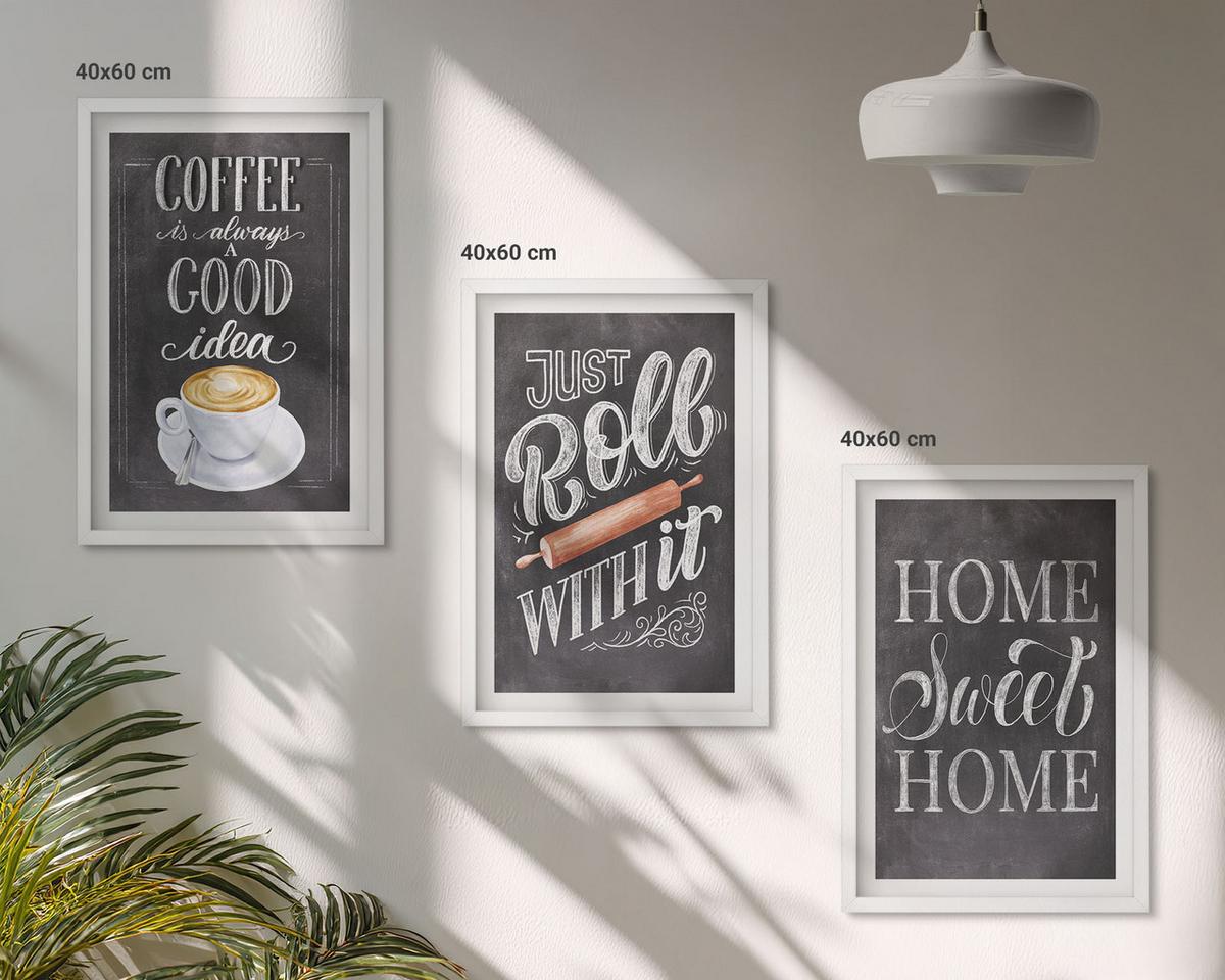 BILDER SET 3er Set - 40x60 cm Weißer Rahmen - Kaffeeroller, heimelige Wärme - Weiß, Kunststoff (40/60cm) - TULUP