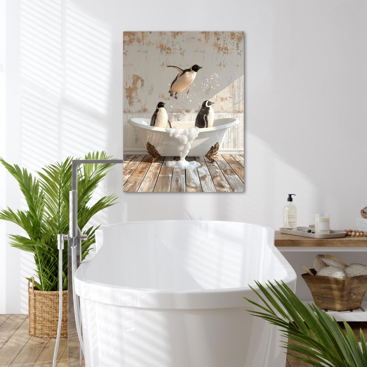 LEINWANDBILD Vintage - Pinguin - Badewanne - Schaumstoff Wandbild Wohnzimmer 50x70 cm - Schwarz, Textil (50/70cm) - MuchoWow
