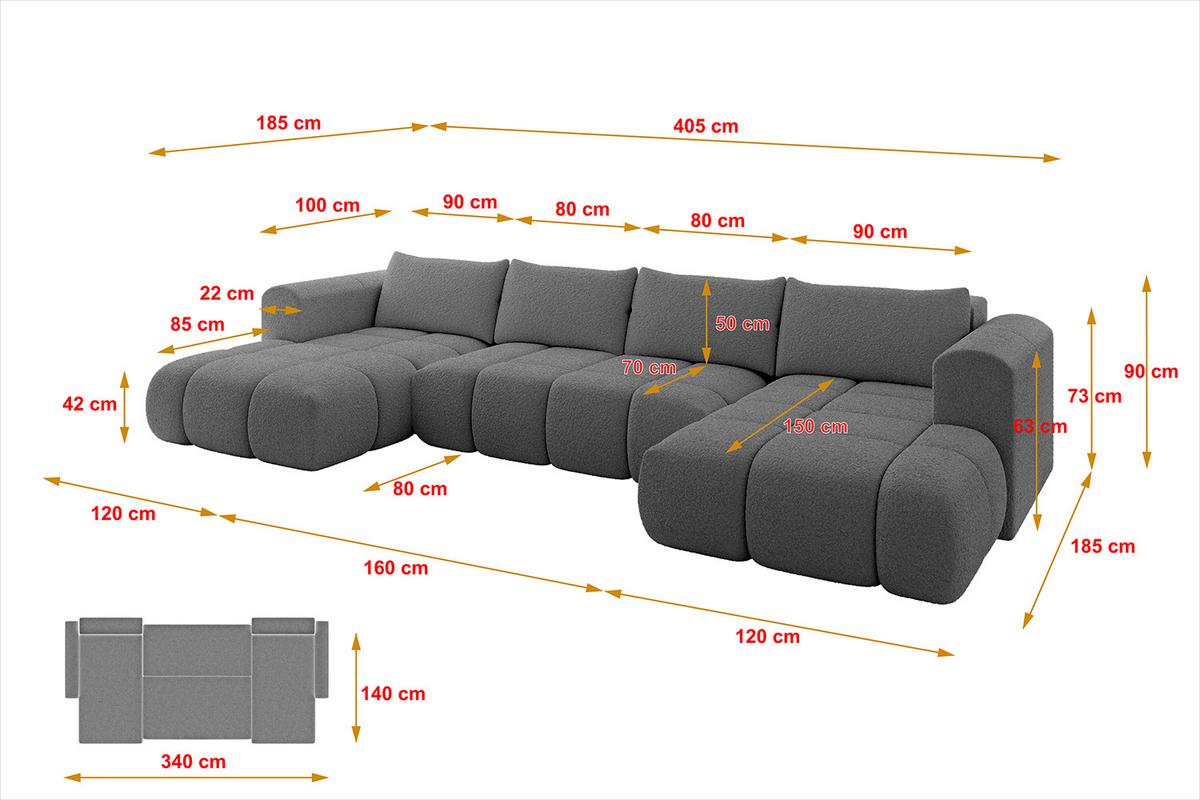 WOHNLANDSCHAFT CLOUD-U 405x185x90 Grau Bouclé - Grau, Holzwerkstoff/Kunststoff (405/90/185cm) - ALTDECOR