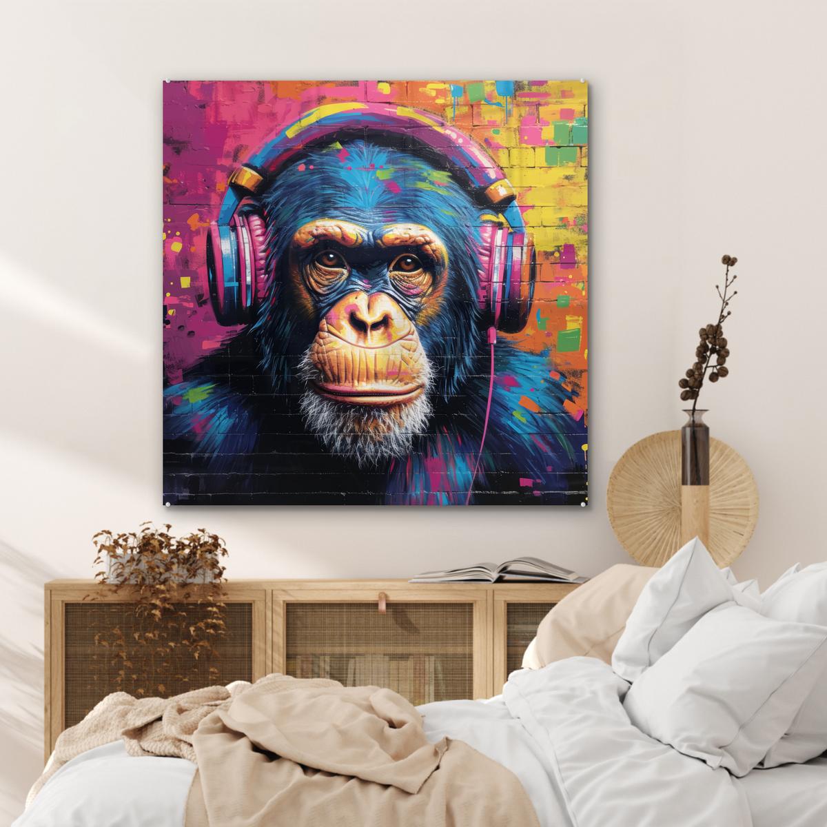 ACRYLGLASBILD Graffiti - Schimpanse - Straßenkunst - Kopfhörer - Affe 90x90 cm - Blau, Glas (90/90cm) - MuchoWow