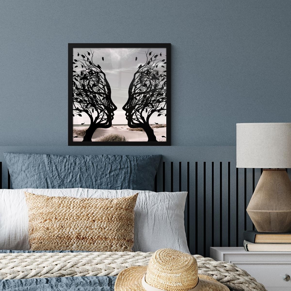 POSTER MIT RAHMENGERAHMTES BILD Strand - Meer - Menschen - Baum - Moderne Kunst 40x40 cm - Hellgrau, Papier (40/40cm) - MuchoWow