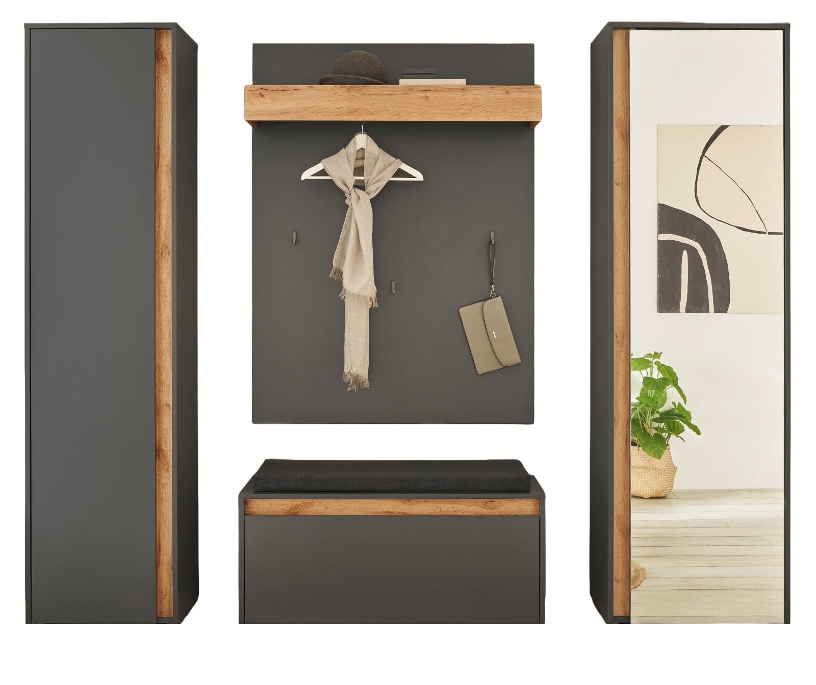 GARDEROBEN-SET 5-teilig grau matt, Eiche Wotan, Kombination mit viel Stauraum - Eiche Wotan/Silberfarben, Glas/Holzwerkstoff (230/200/40cm) - Furn.Design
