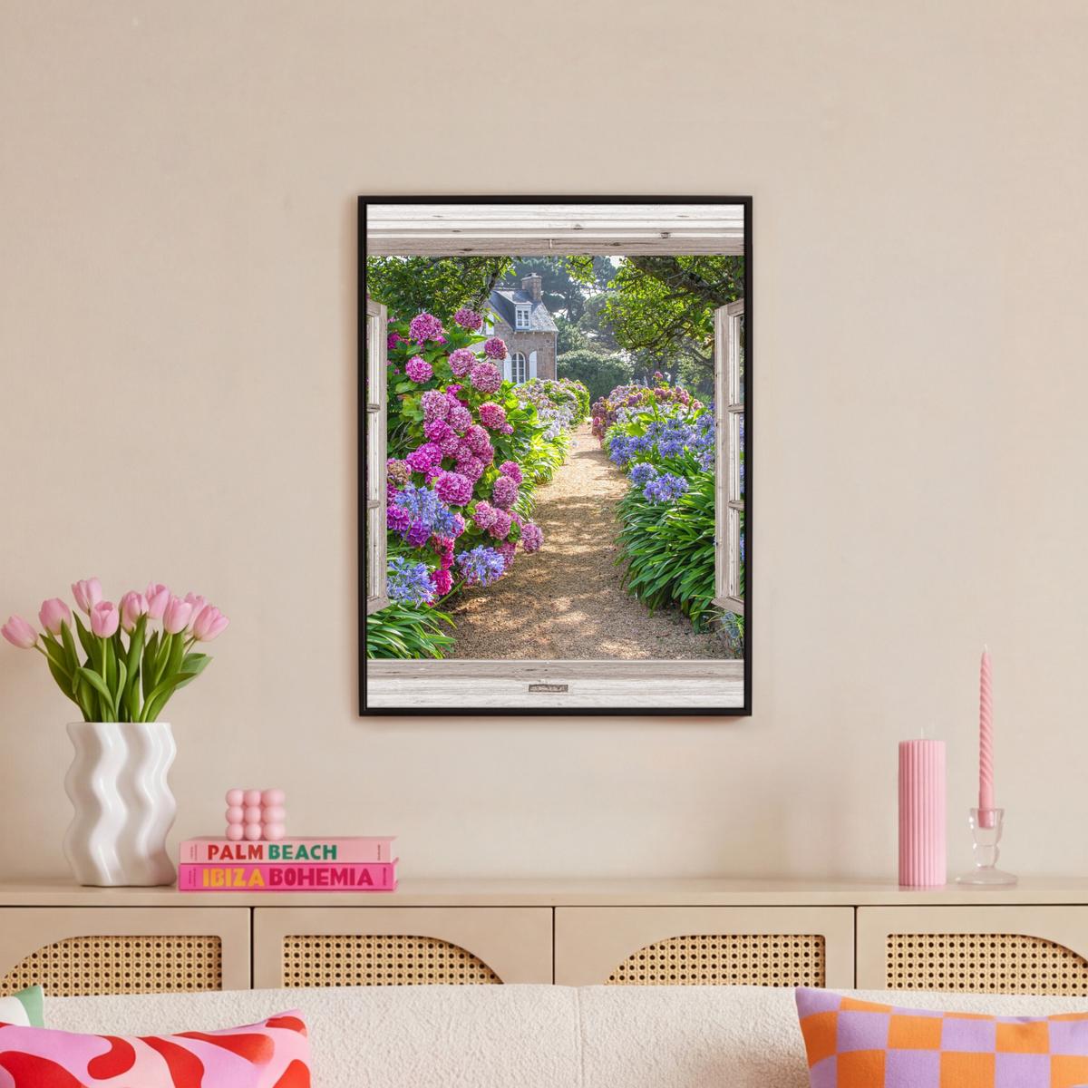 LEINWAND Bilder mit Rahmen - Hortensie - Durchsichtig - Blumen - Sommer - Lila - Weg - 50x70 - Lila, Textil (50/70cm) - MuchoWow