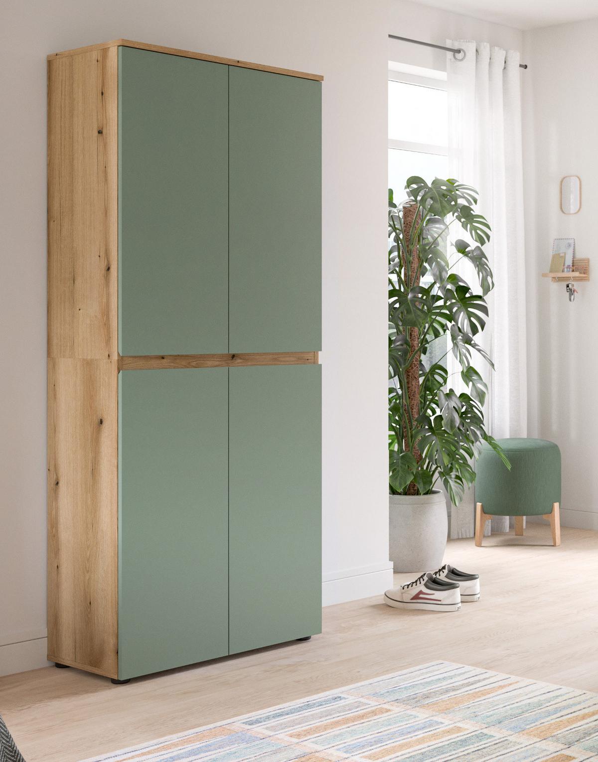 MEHRZWECKSCHRANK grün, Evoke Eiche 70 x 175 cm, Stauraumschrank 4-türig mit 9 Fächern - Eichefarben/Schwarz, Holzwerkstoff/Kunststoff (70/175/37cm) - Inn.Furn