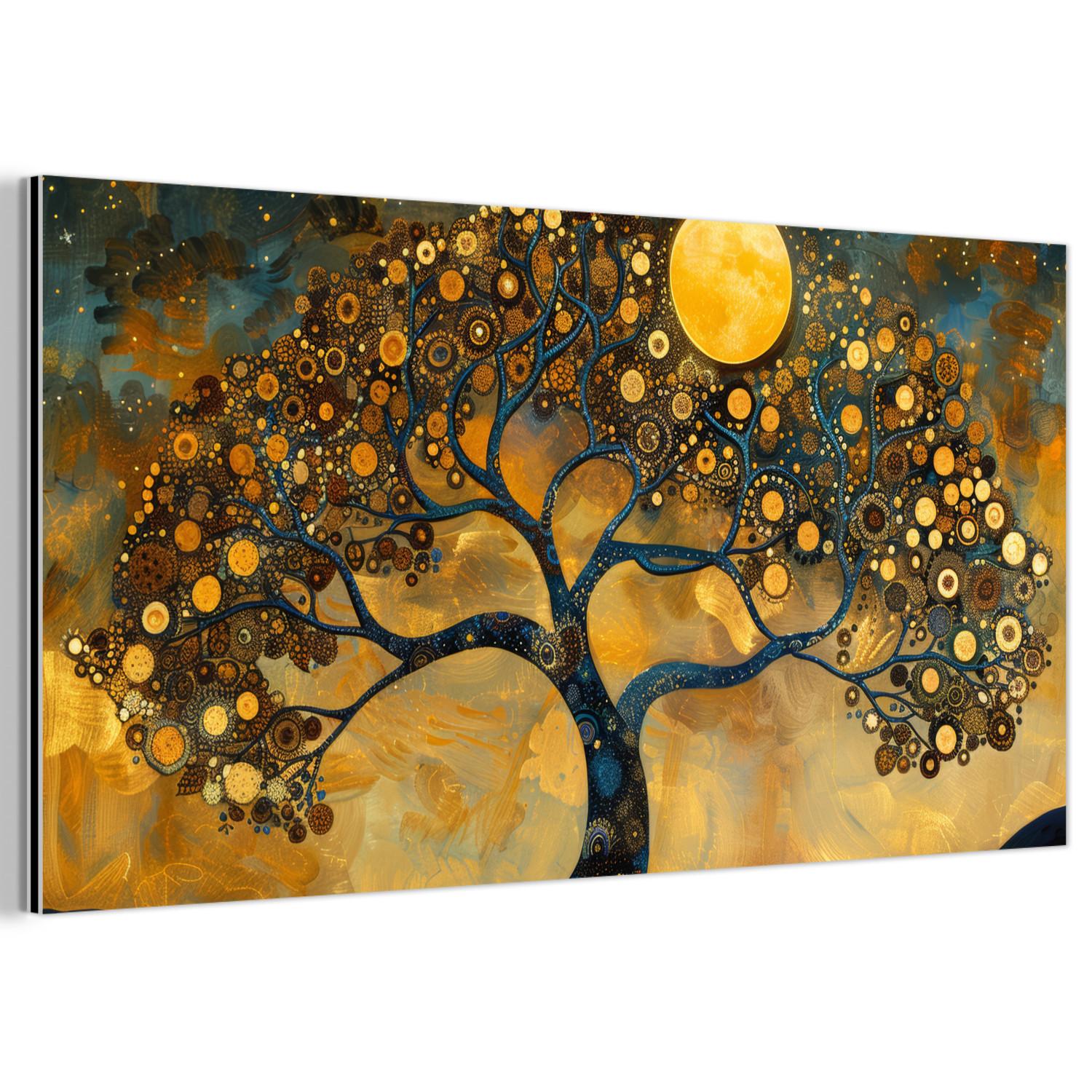 METALLBILD Baum - Mond - Blumen - Gold - Kunst 80x40 cm - Orange, Metall (80/40cm) - MuchoWow