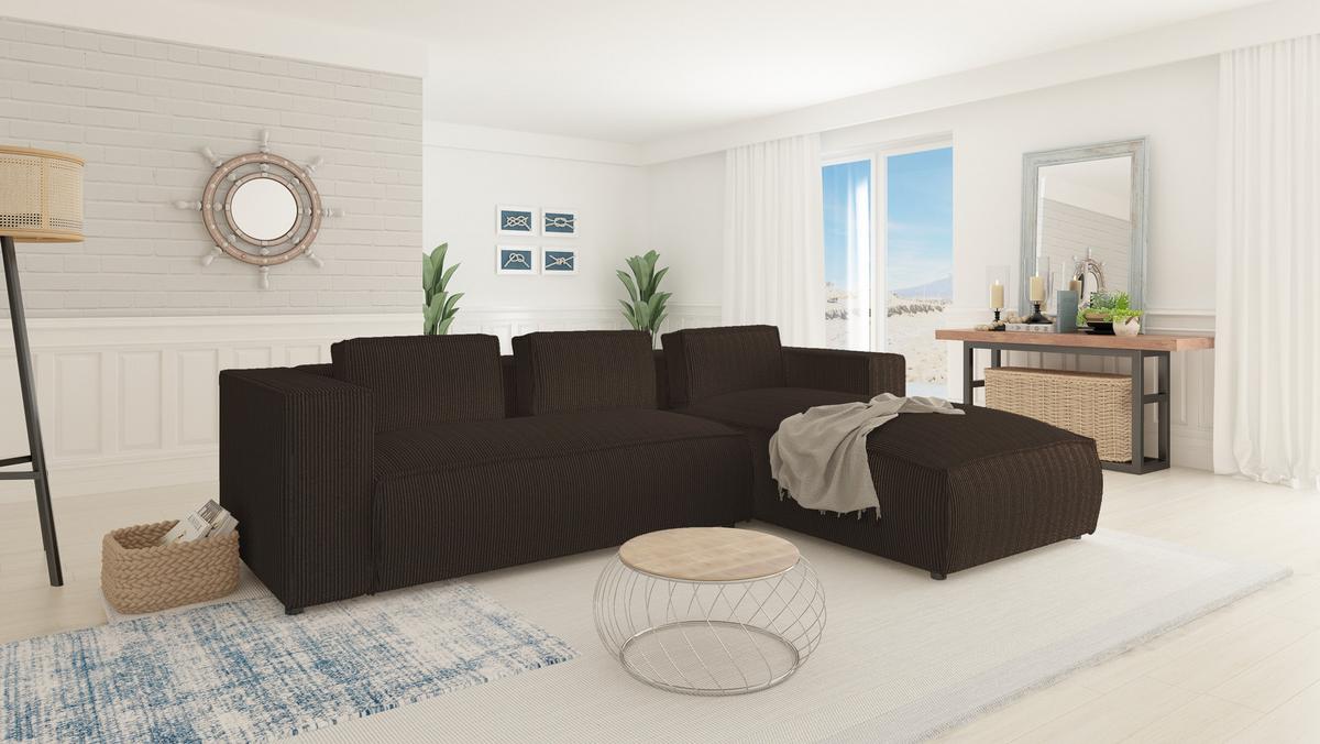 ECKSOFA Nova Dunkelbraun Cord, Ottomane rechts - Dunkelbraun/Schwarz, Holz/Kunststoff (262/176cm) - S-Style Möbel
