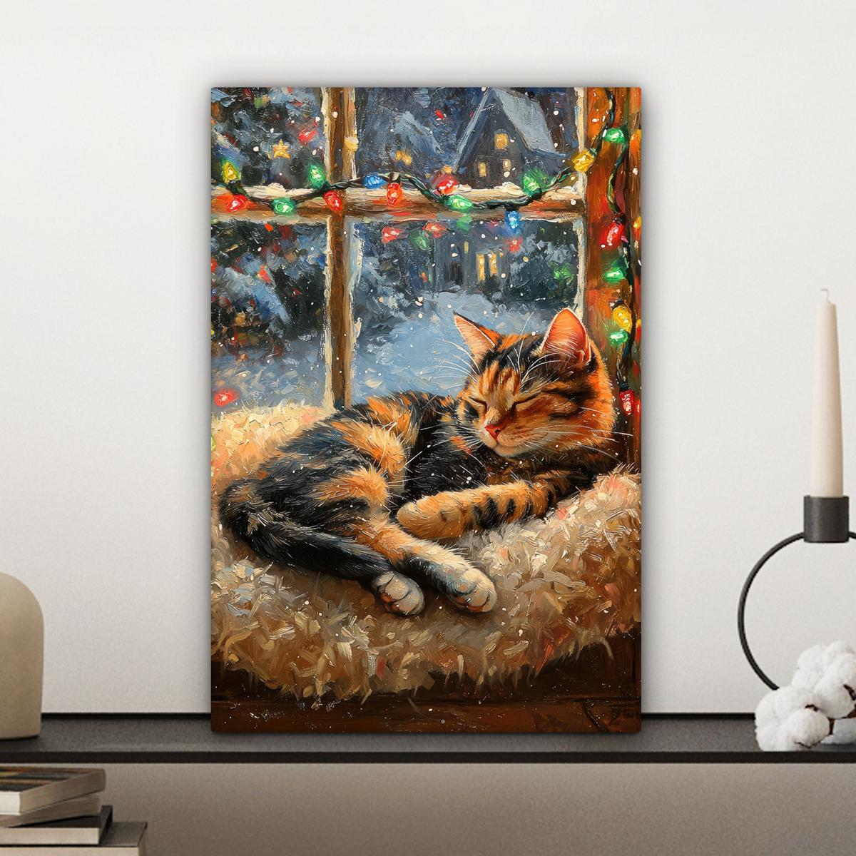 LEINWANDBILD Katze - Weihnachten - Winter - Tier Deko Wohnzimmer 20x30 cm - Bernsteinfarben, Textil (20/30cm) - MuchoWow