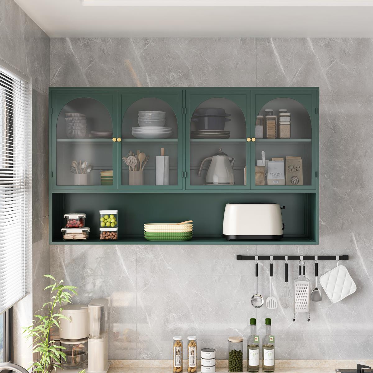 WANDSCHRANK 120cm Metall 4 Türen Graues Glas - Dunkelgrün, Metall (120/70/23cm) - Urban Meuble
