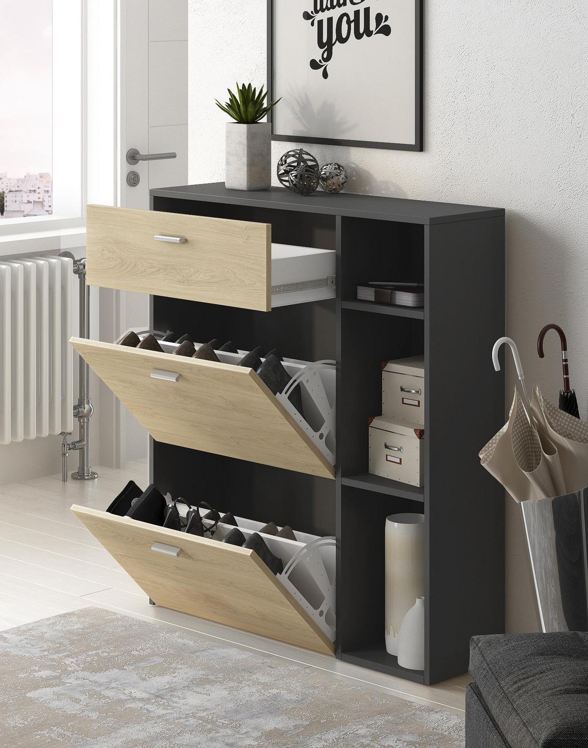 SCHUHREGAL Anthrazitgrau, eiche, 90/26/102cm - Anthrazit, Holzwerkstoff (90/102/26cm) - Skraut Home