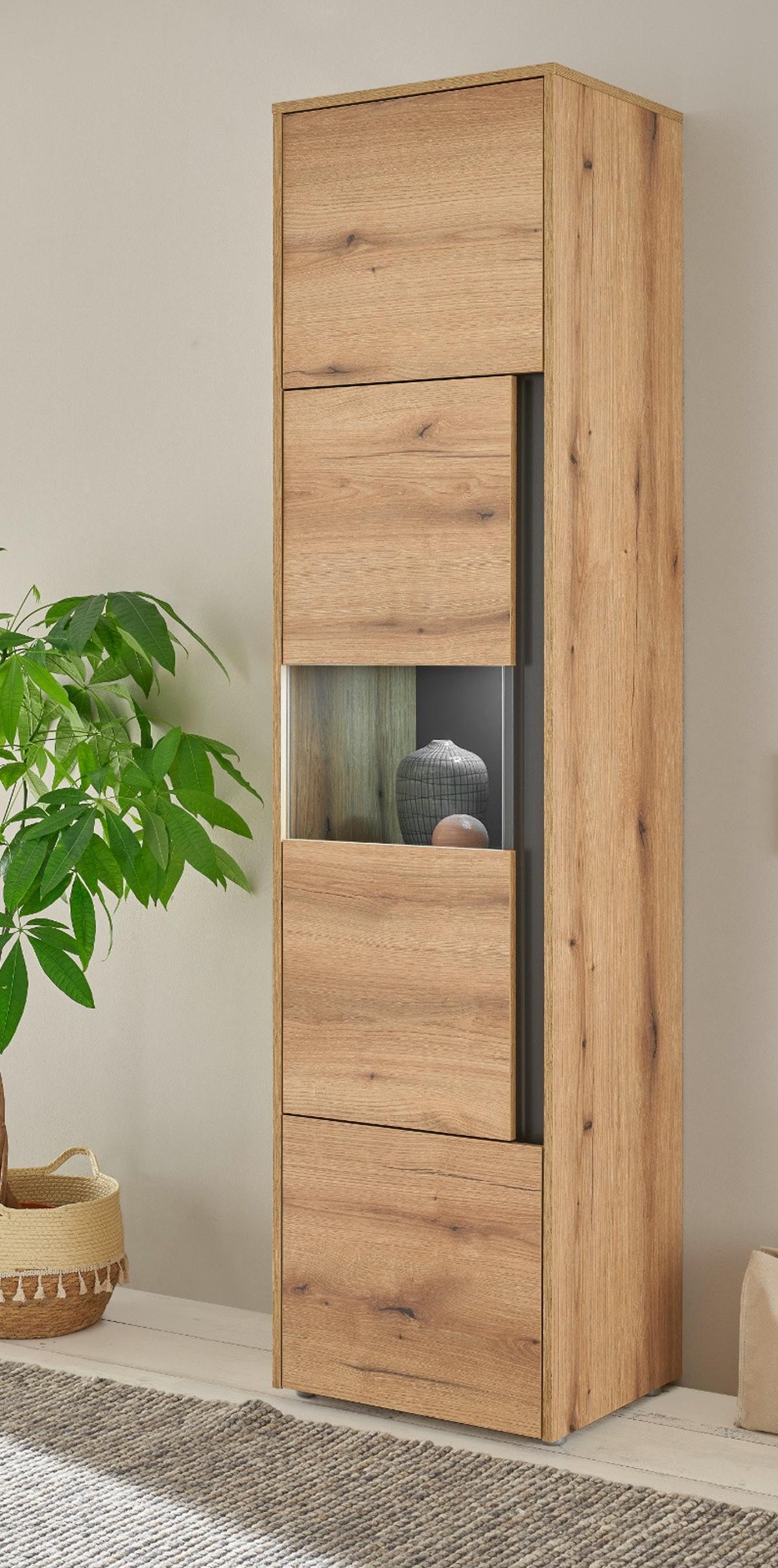 VITRINE Eiche Evoke 50 x 197 cm, Vitrinenschrank 3-türig mit 5 Fächern - Eichefarben/Schwarz, Glas/Holzwerkstoff (50/197/40cm) - Furn.Design