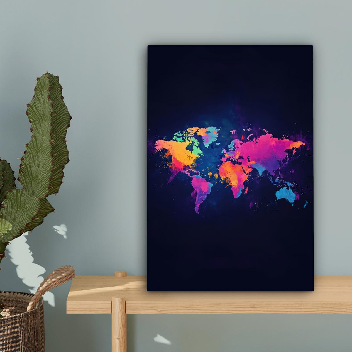 LEINWANDBILD Weltkarte - Bunt - Graffiti Deko Wohnzimmer 20x30 cm - Multicolor, Textil (20/30cm) - MuchoWow