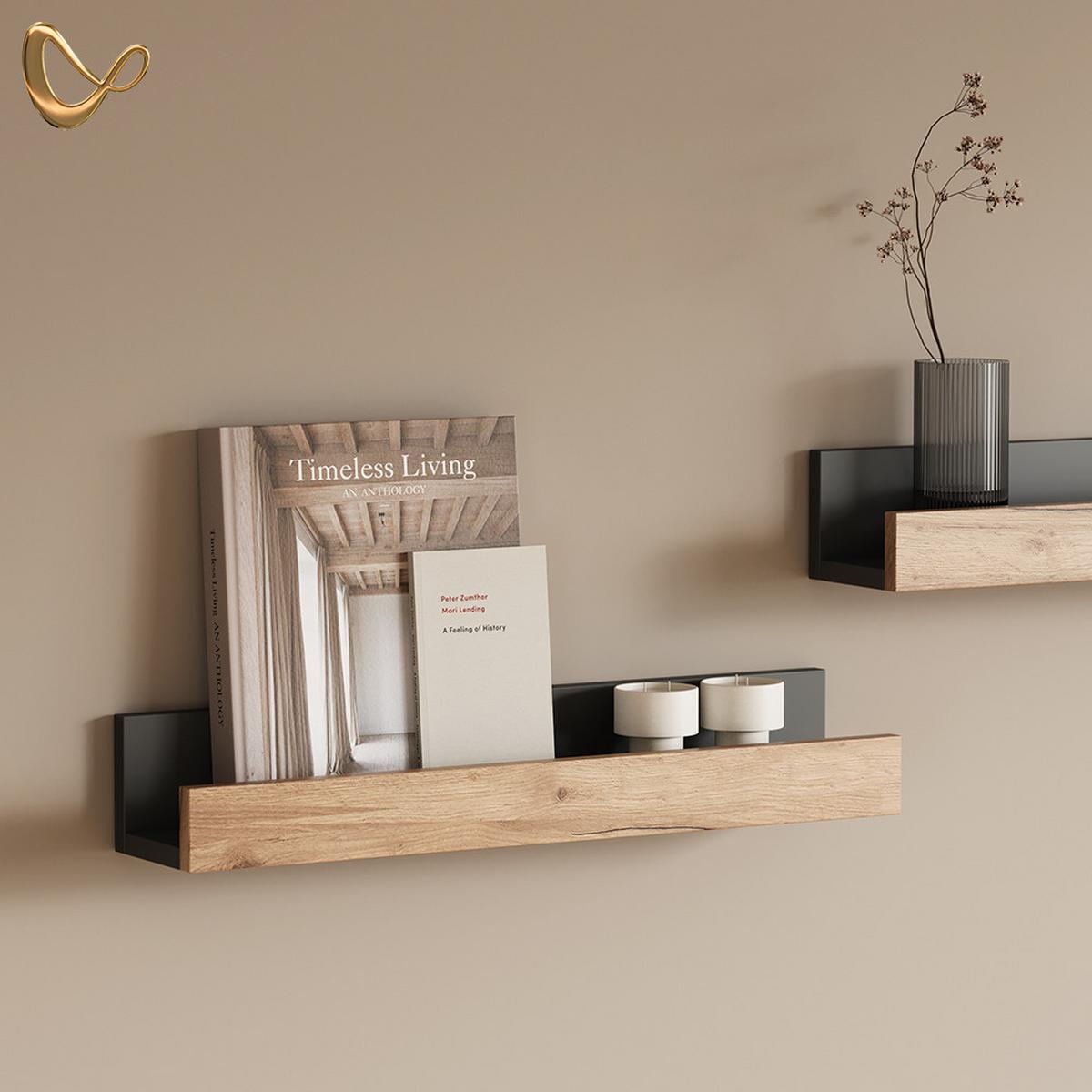WANDREGAL Lorena Anthrazit/Goldkraft Eiche 60 x 10 cm 2er Set - Honigeiche/Anthrazit, Holzwerkstoff (60/10/12cm) - Livinity®