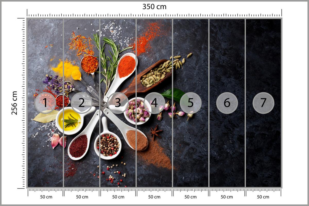 FOTOTAPETE für Küche Orientalische Kräuter Gewürze Löffel 350x256 - Gelb/Rot, Papier (350/256cm) - Muralo