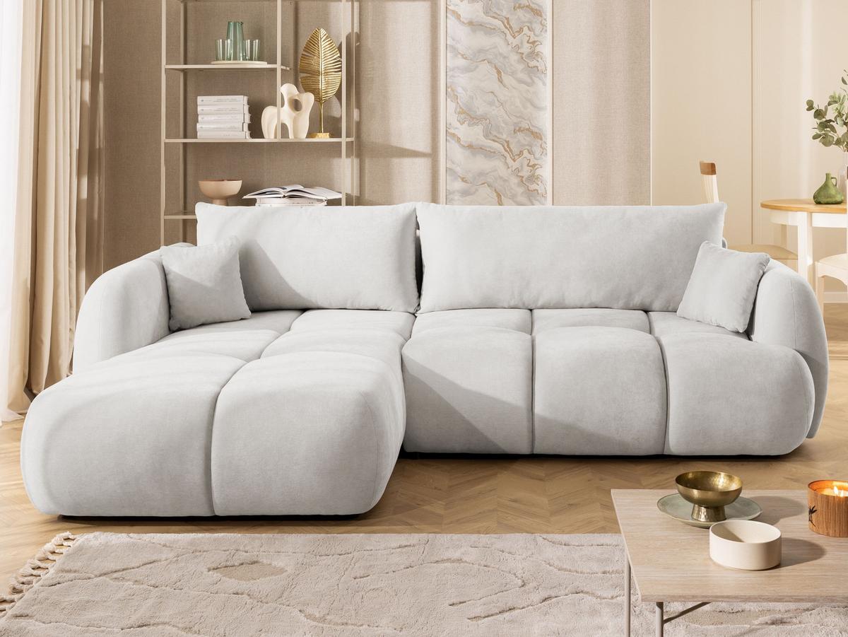 ECKSOFA Loretto aus natürlichem Creme Webstoff mit Schlaffunktion, Bettkasten und tiefen Steppungen in Bubble-Optik - Creme/Schwarz, Holz/Kunststoff (180/275cm) - S-Style