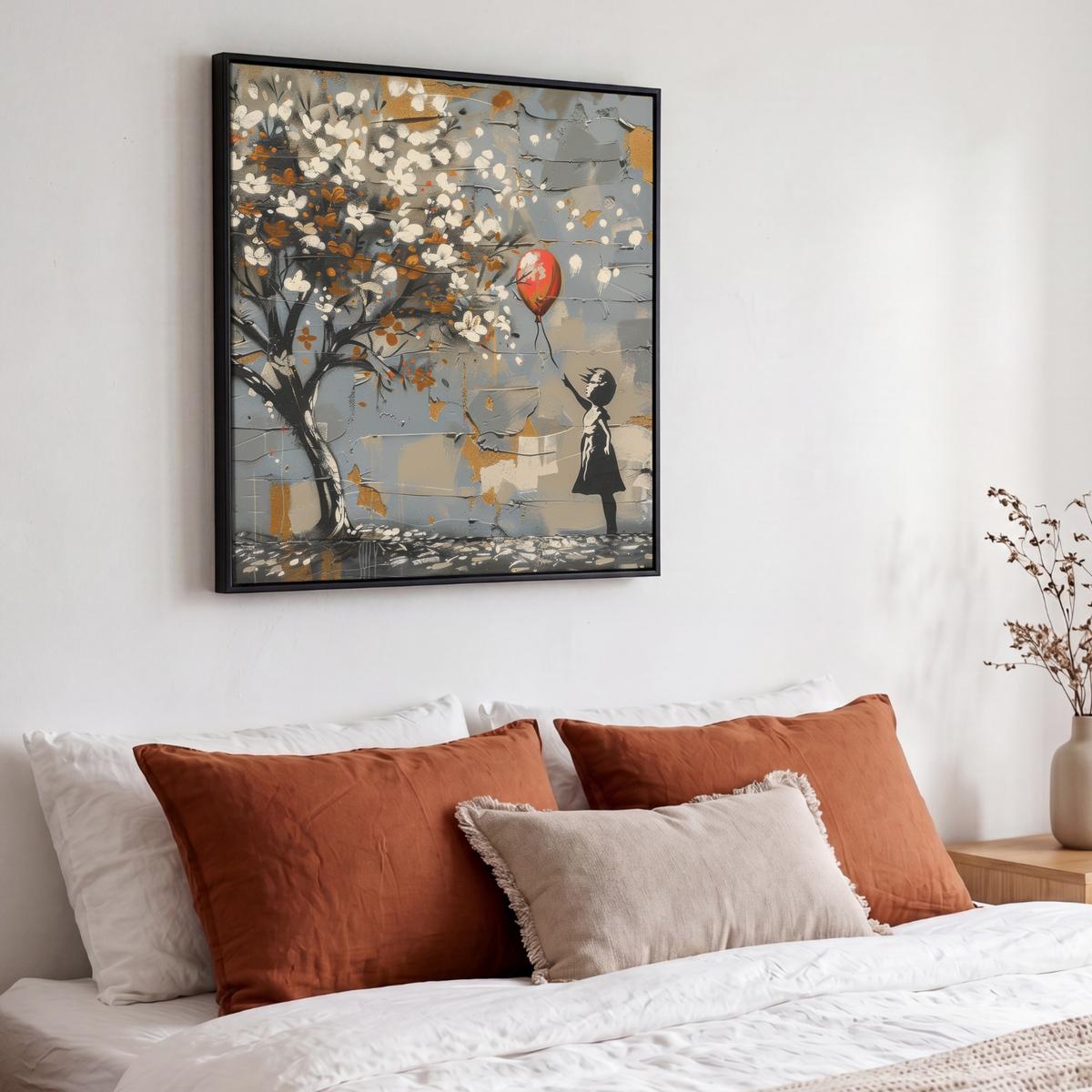 LEINWAND Bilder mit Rahmen - Baum - Graffiti - Banksy-Stil - Ballon-Mädchen - 50x50 - Blaugrau, Textil (50/50cm) - MuchoWow