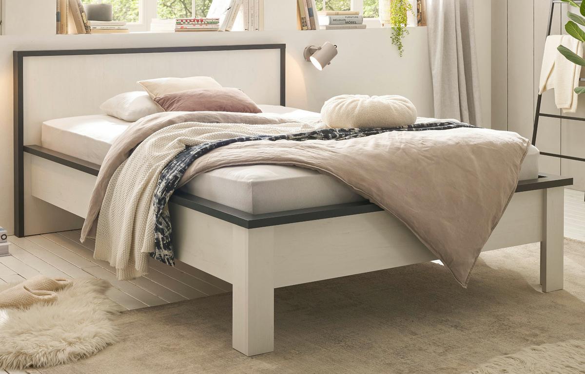 BETT weiß Pinie, anthrazit Landhaus, Einzelbett Liegefläche 140 x 200 cm - Anthrazit/Weiß, Holzwerkstoff (140/200cm) - Furn.Design