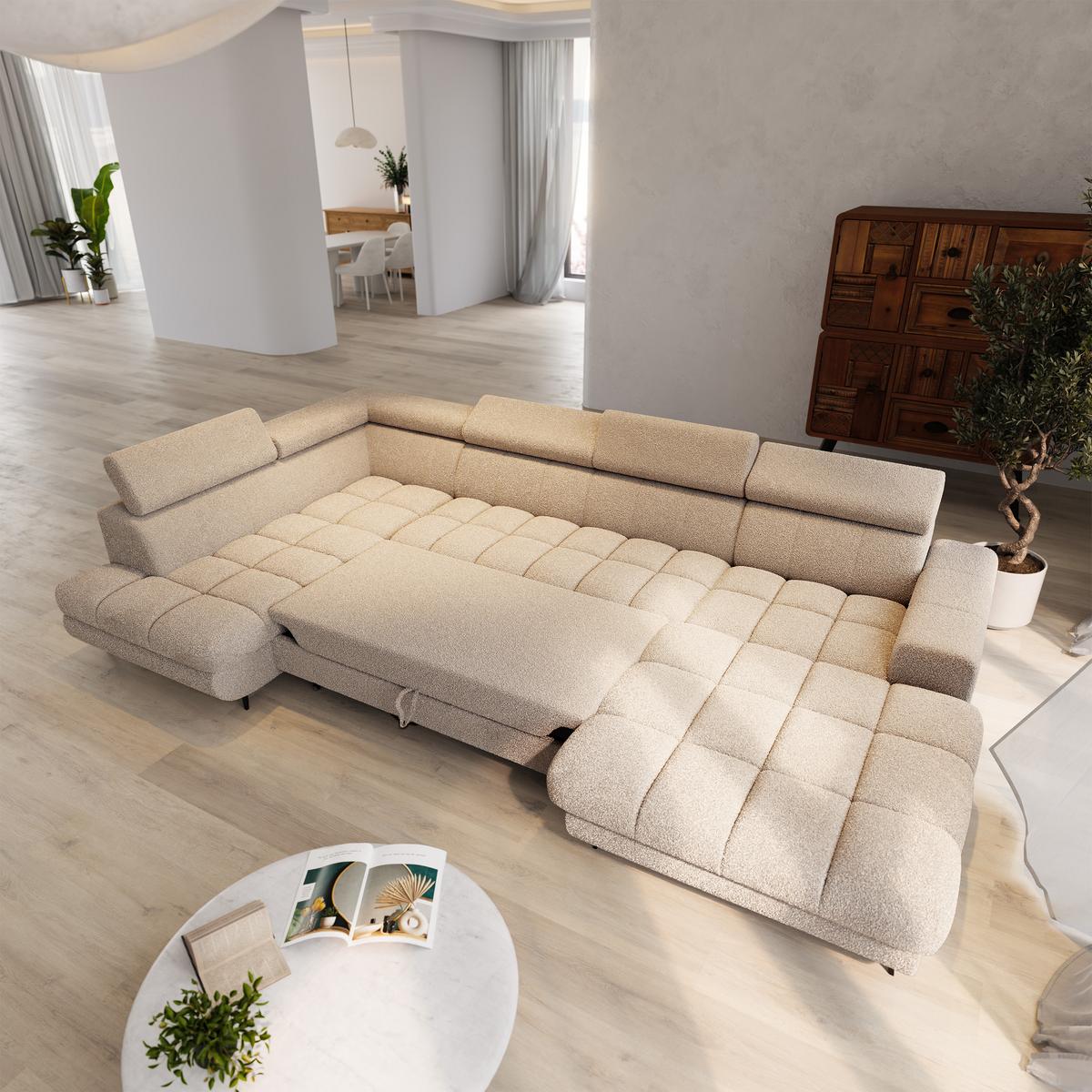 WOHNLANDSCHAFT CORENO Beige Boucle-Stoff mit Schlaffunktion - Beige, Holz (345/88/190cm) - MASSENO